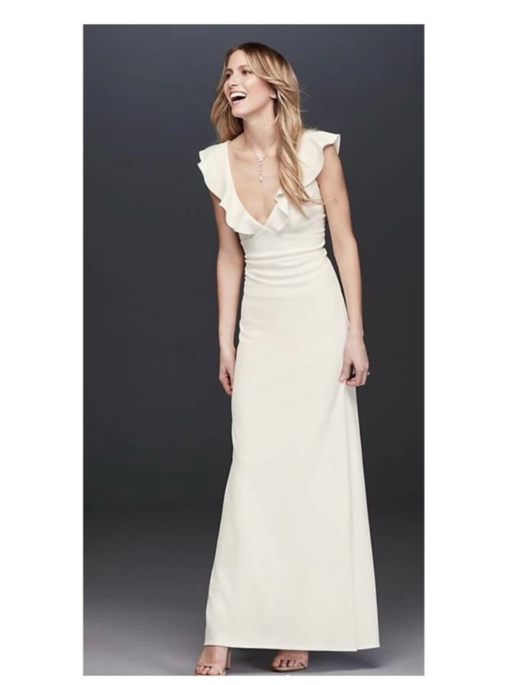 NWT DB Studio Ruffled V-Neck Gown in Ivory
